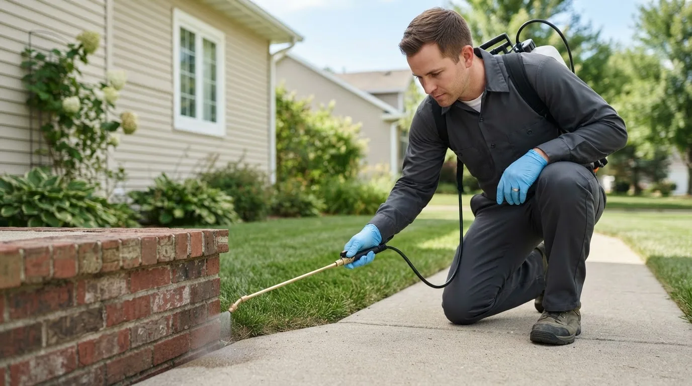 Pest control technician treating a home near Pownal, ME