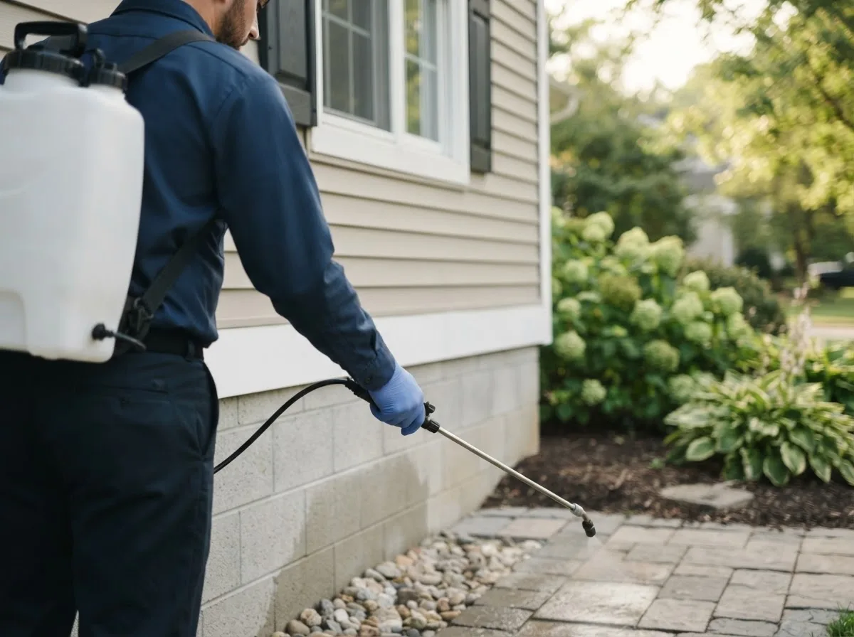 Pest control technician inspecting a home in Pownal, ME